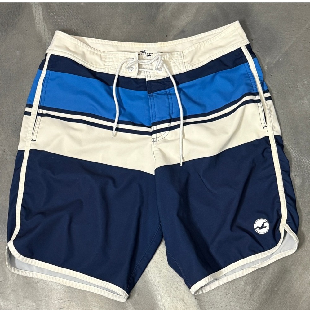 Hollister‎ Swim Trunks Striped Drawstring Board Shorts Blue White Mens 28